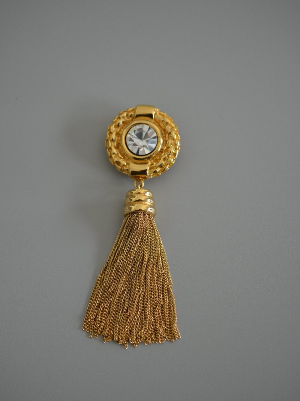 Vintage Givenchy Signed Gold Tone Tassel Brooch Clear Crystal Statement